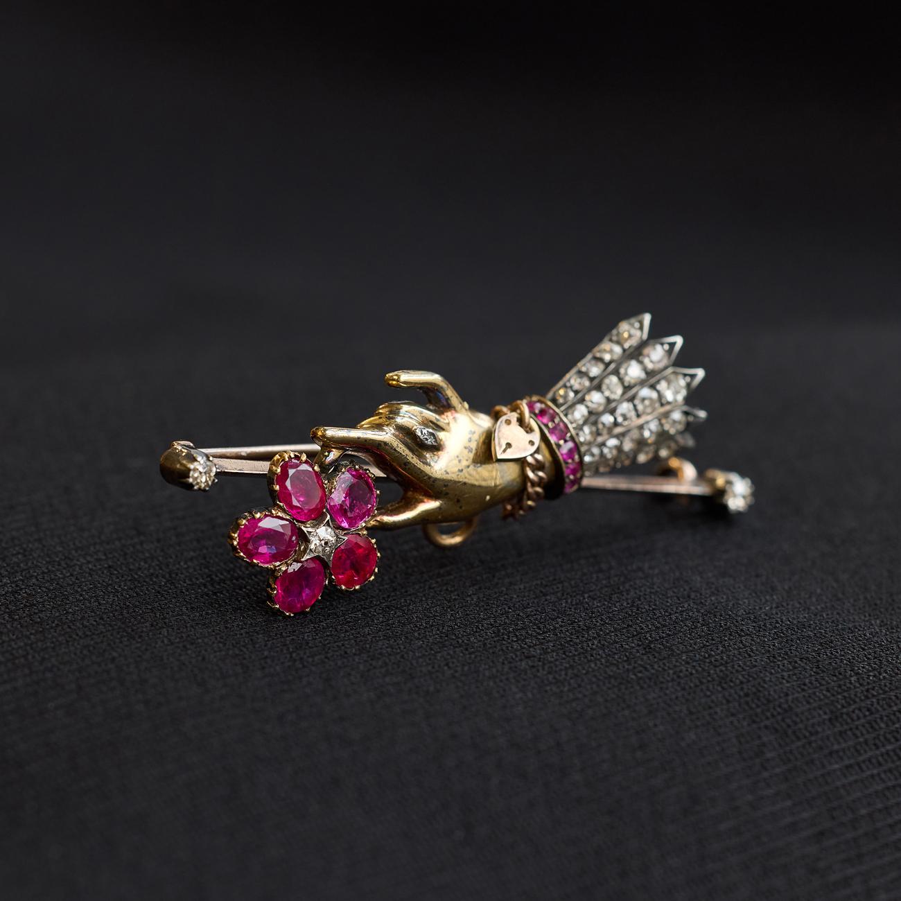 Women's or Men's Antique Ruby and Diamond Mourning Hand Brooch For Sale