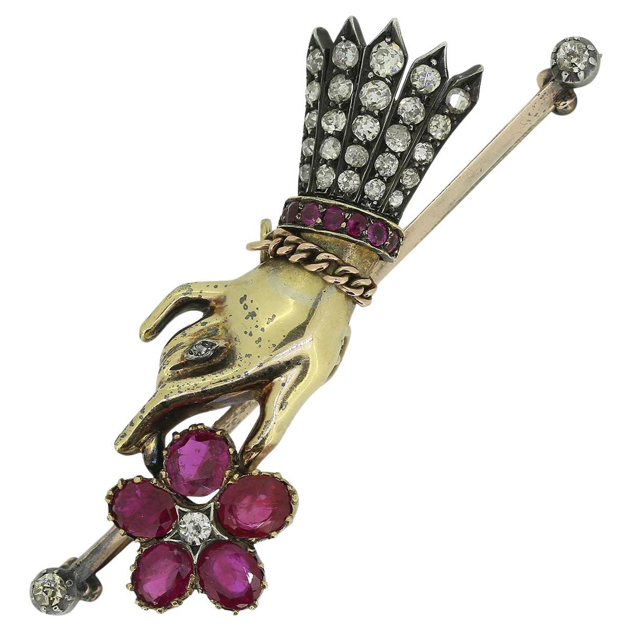Antique Ruby and Diamond Mourning Hand Brooch