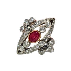 Antique Ruby and Diamond Navette Ring Platinum Topped 18K Rose Gold
