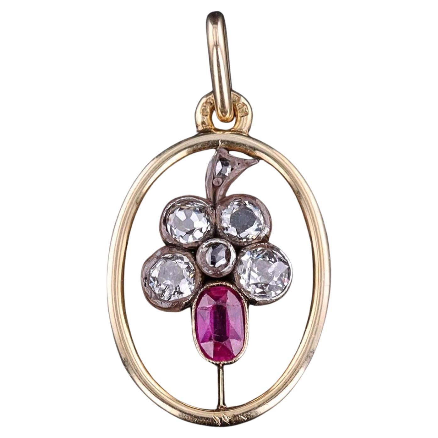 Antique Ruby and Diamond Pansy Pendant of 14k Gold