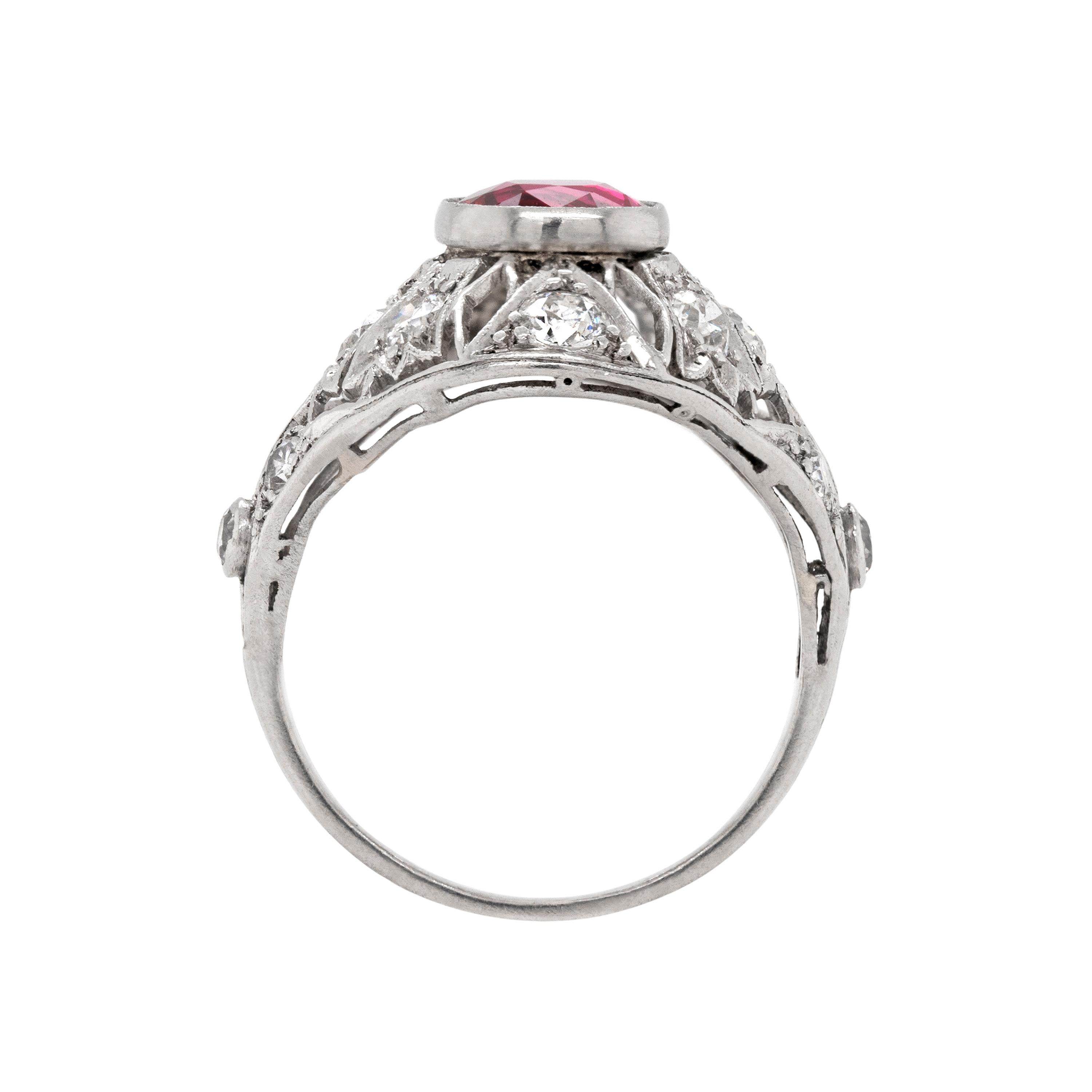 Art Deco Antique Ruby and Diamond Platinum Dome Cluster Cocktail Ring, Circa 1920's For Sale