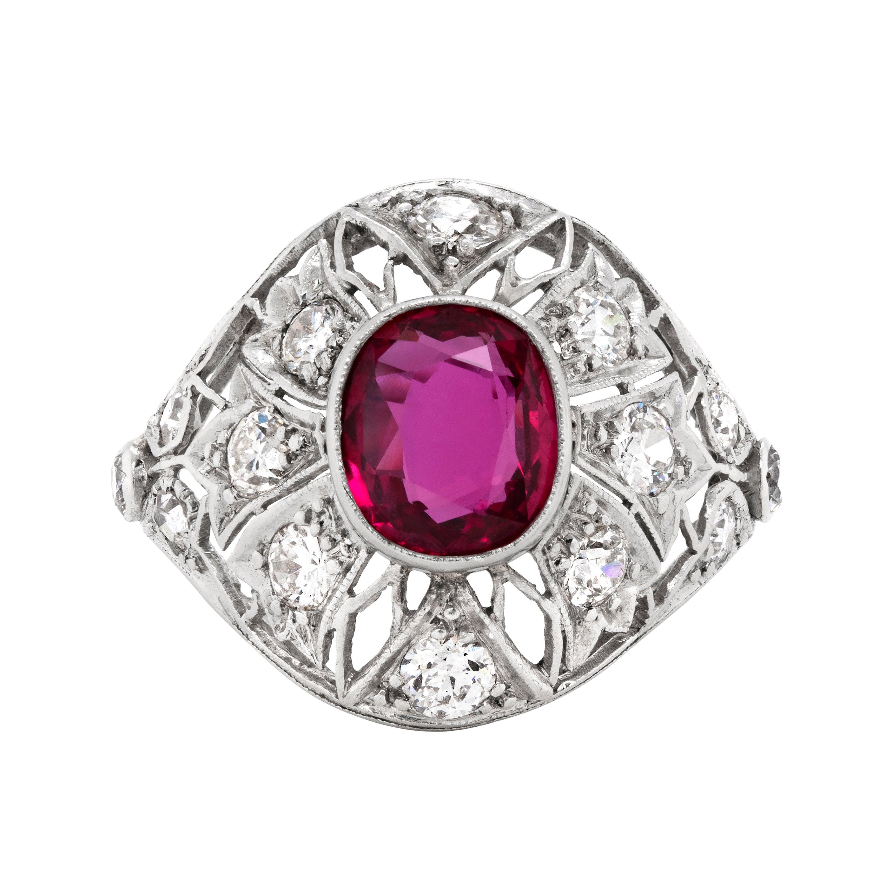 Antique Ruby and Diamond Platinum Dome Cluster Cocktail Ring, Circa 1920's