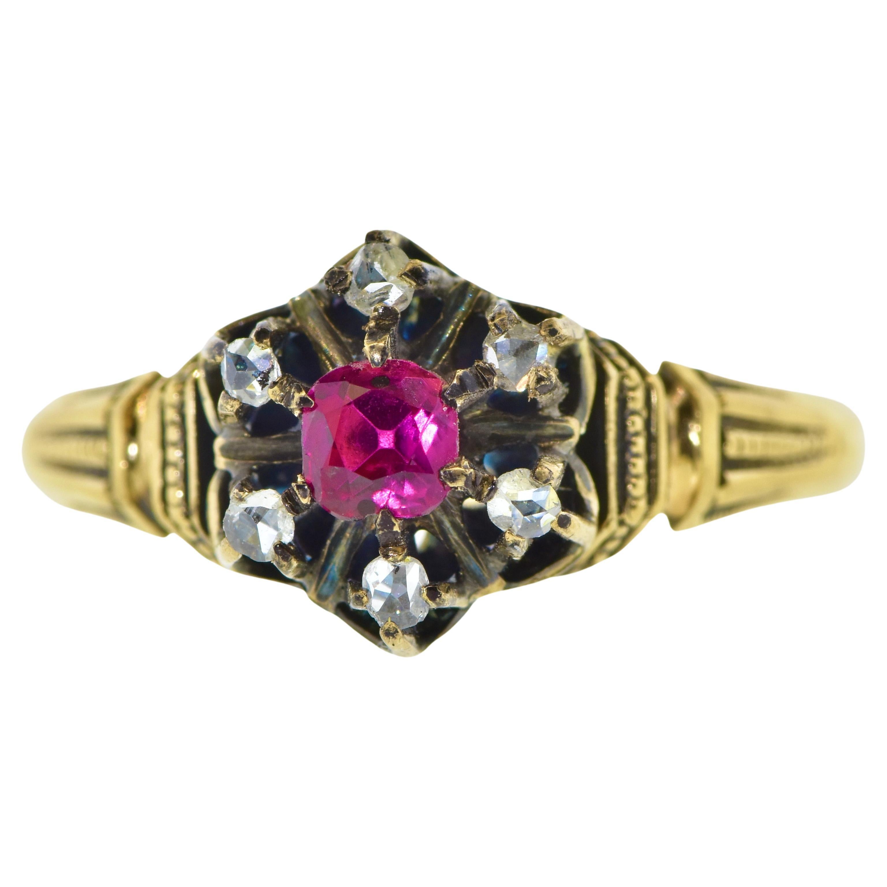 Antiker Ring mit Rubin und Diamanten, um 1880 im Angebot