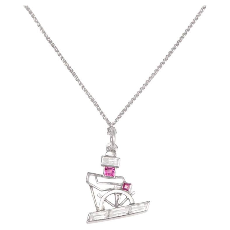 Antique Ruby and Diamond Sailor Charm Pendant Necklace, Platinum, Circa 1920 For Sale