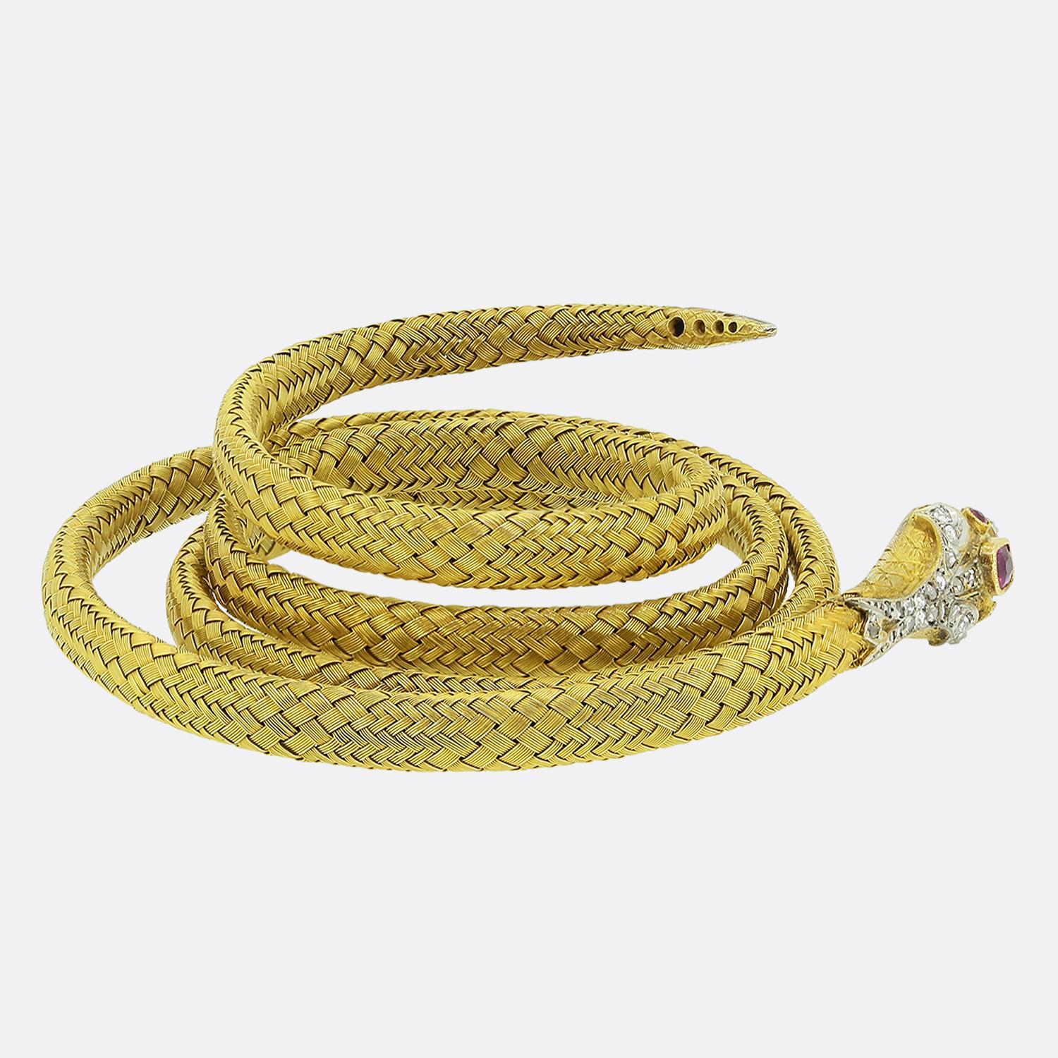 Victorian Antique Ruby and Diamond Snake Bangle