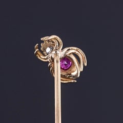 Antique Ruby and Diamond Spider Stickpin of 14k Gold
