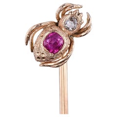 Antique Ruby and Diamond Spider Stickpin of 14k Gold