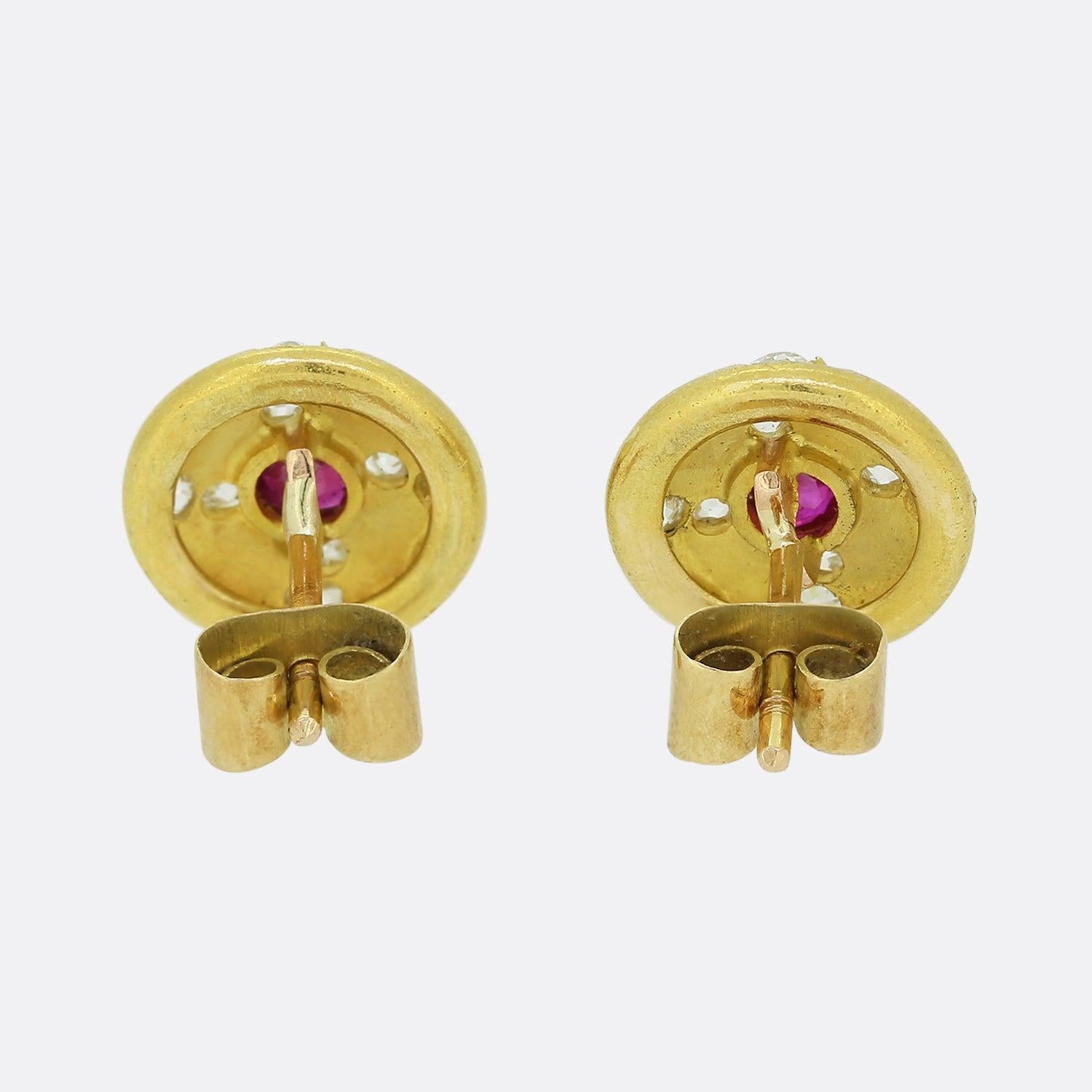 Round Cut Antique Ruby and Diamond Stud Earrings For Sale