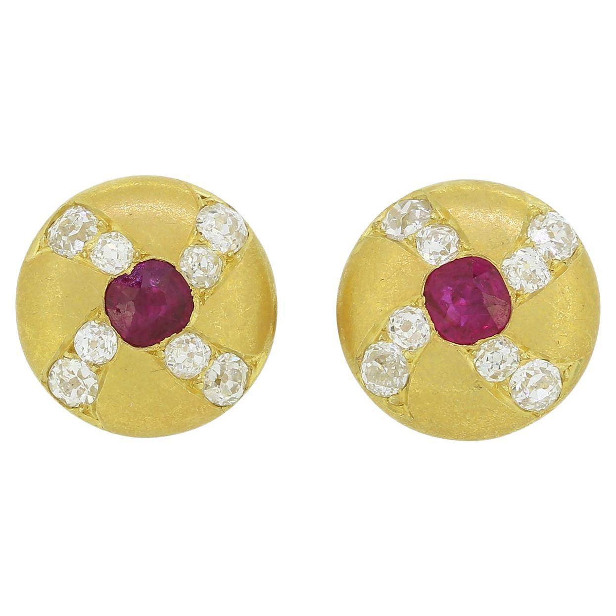 Antique Ruby and Diamond Stud Earrings For Sale