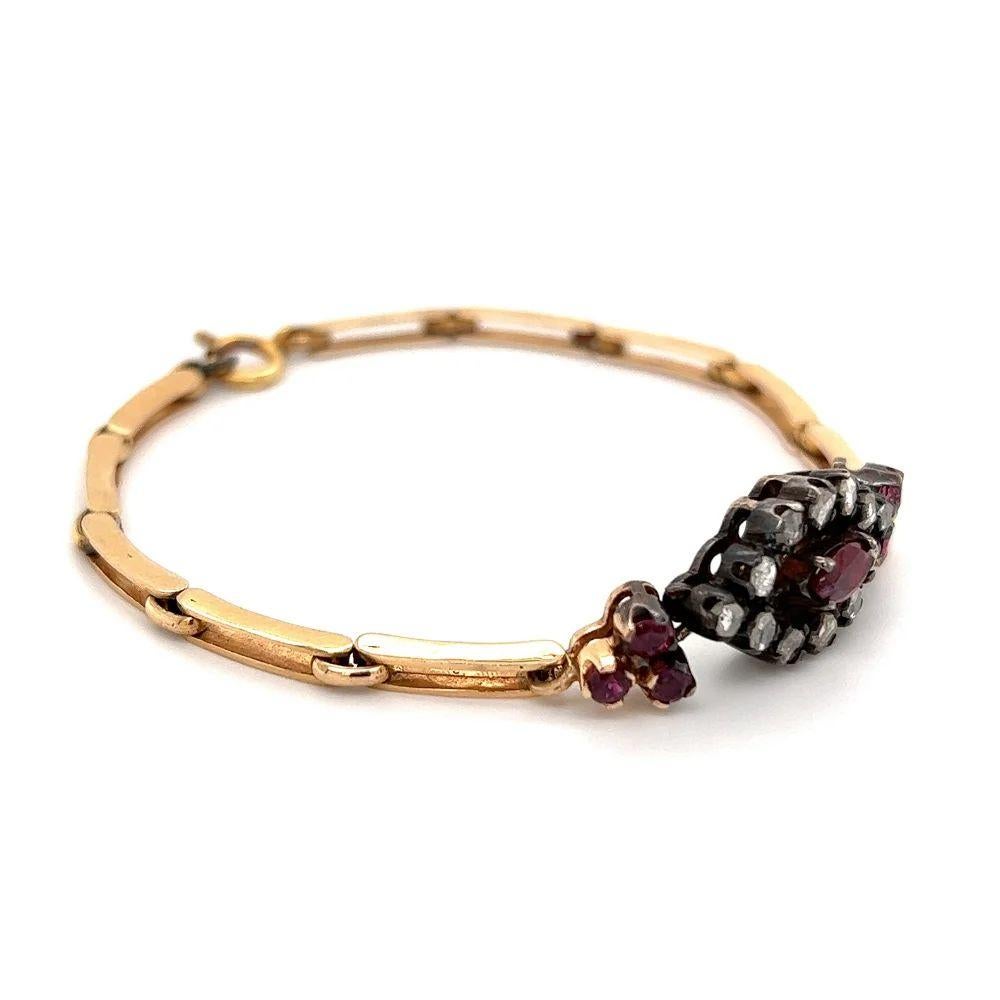 Simply Beautiful! Finely detailed Victorian 1.00tcw Ruby and 0.60tcw Rose Cut Diamond Gold Bracelet. Beautifully Hand crafted in 18K Yellow Gold. Approx. dimensions: 7.5” l x 0.47” w x 0.28” h The Bracelet is in excellent condition and was recently