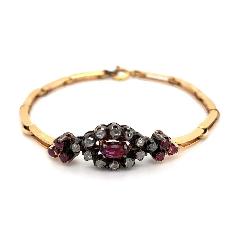 Mixed Cut Antique Ruby and Diamond Vintage Gold Bracelet For Sale