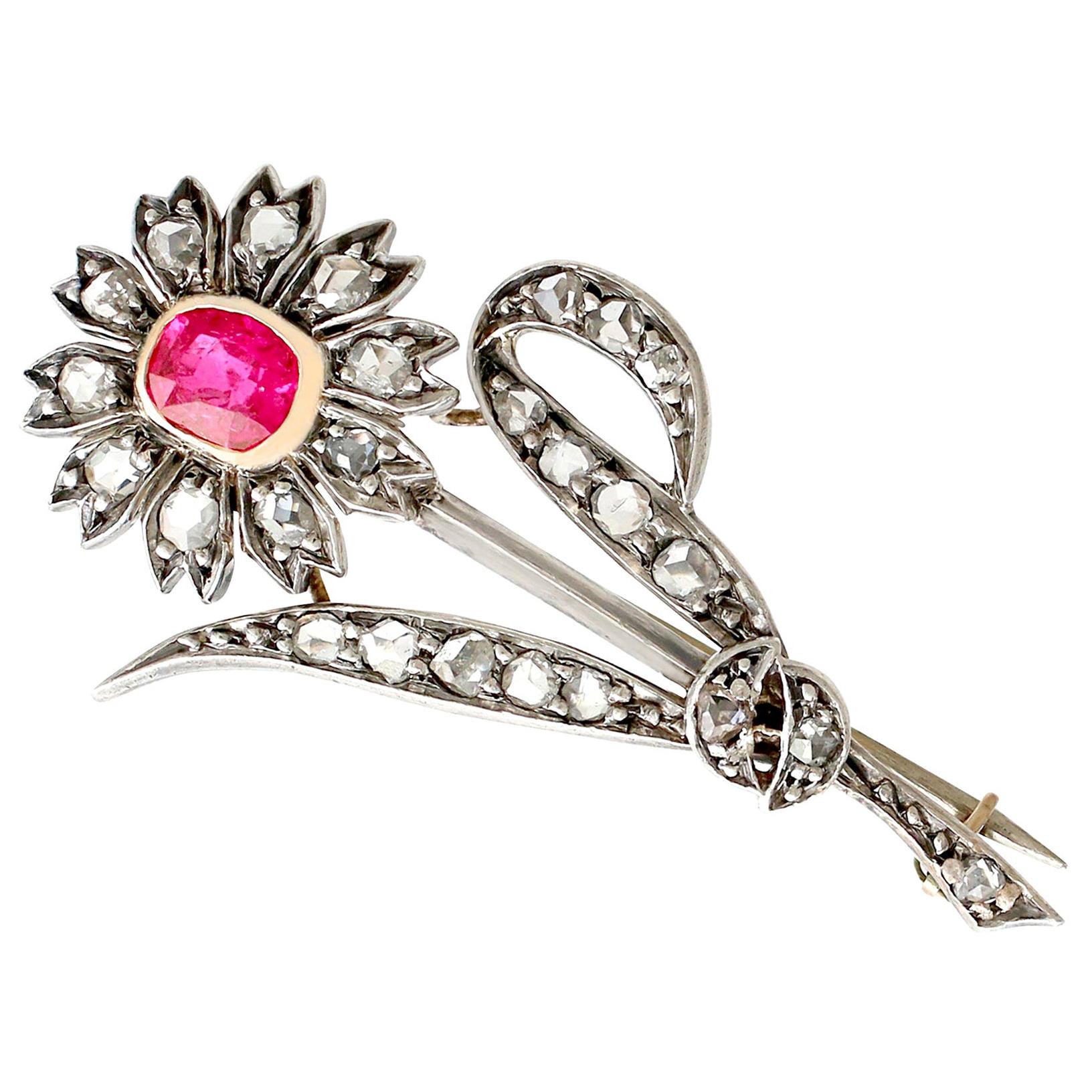 Antique Ruby and Diamond Yellow Gold and Silver Set Brooch