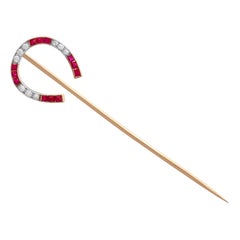 Antique Ruby and Diamond Yellow Gold Pin Brooch