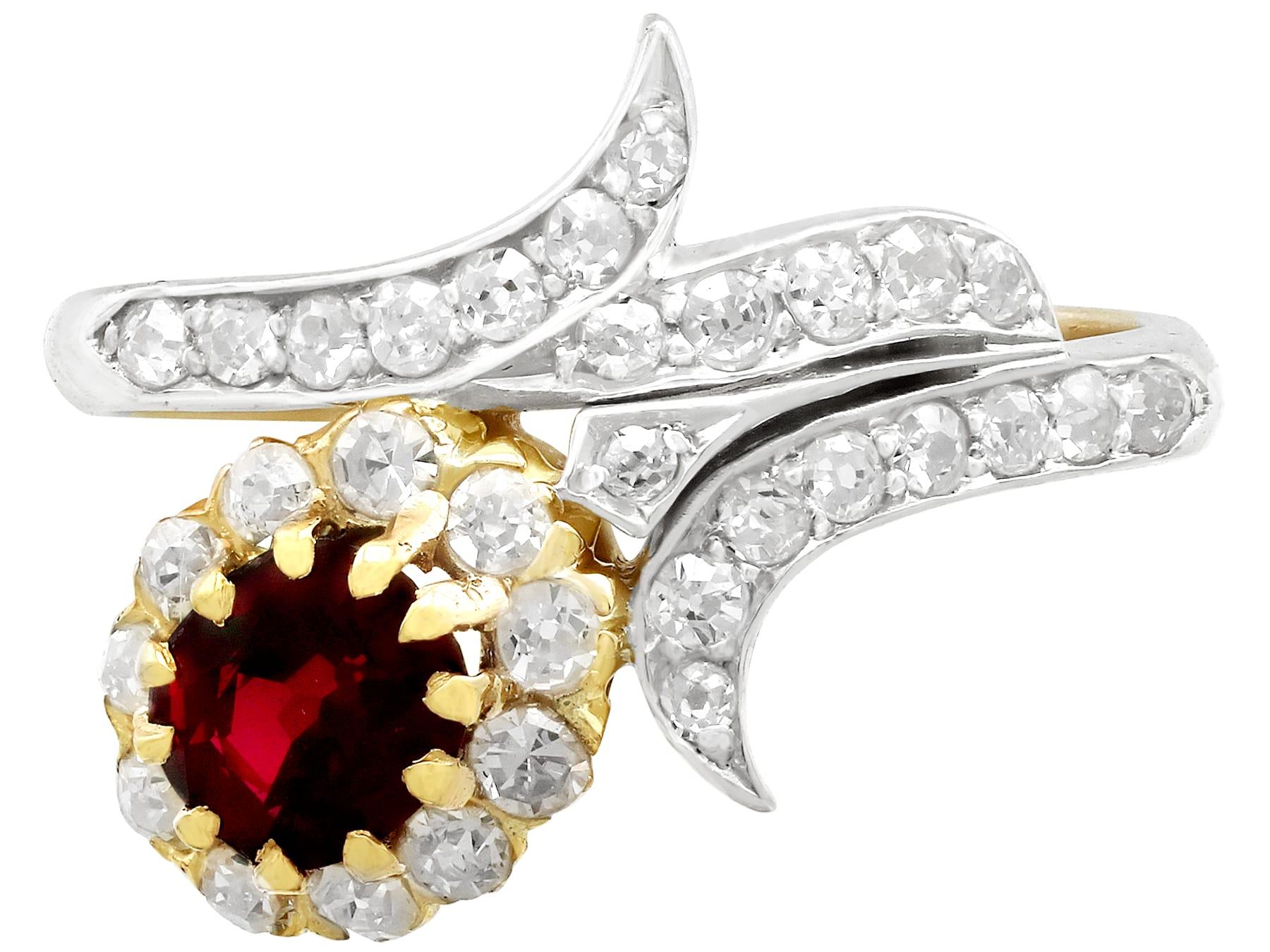 Oval Cut Antique Ruby and Diamond Yellow Gold Twist Ring For Sale