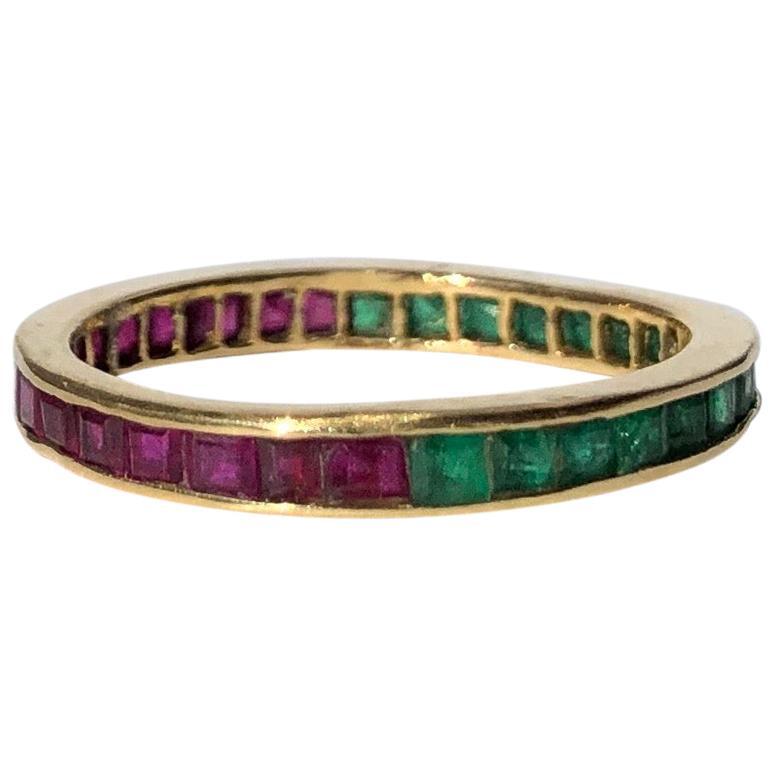 Antique Ruby and Emerald 18 Carat Gold Day and Night Eternity Ring
