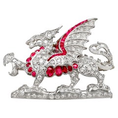 Antique Ruby and Emerald 2.43 Carat Diamond and Yellow Gold Dragon Brooch