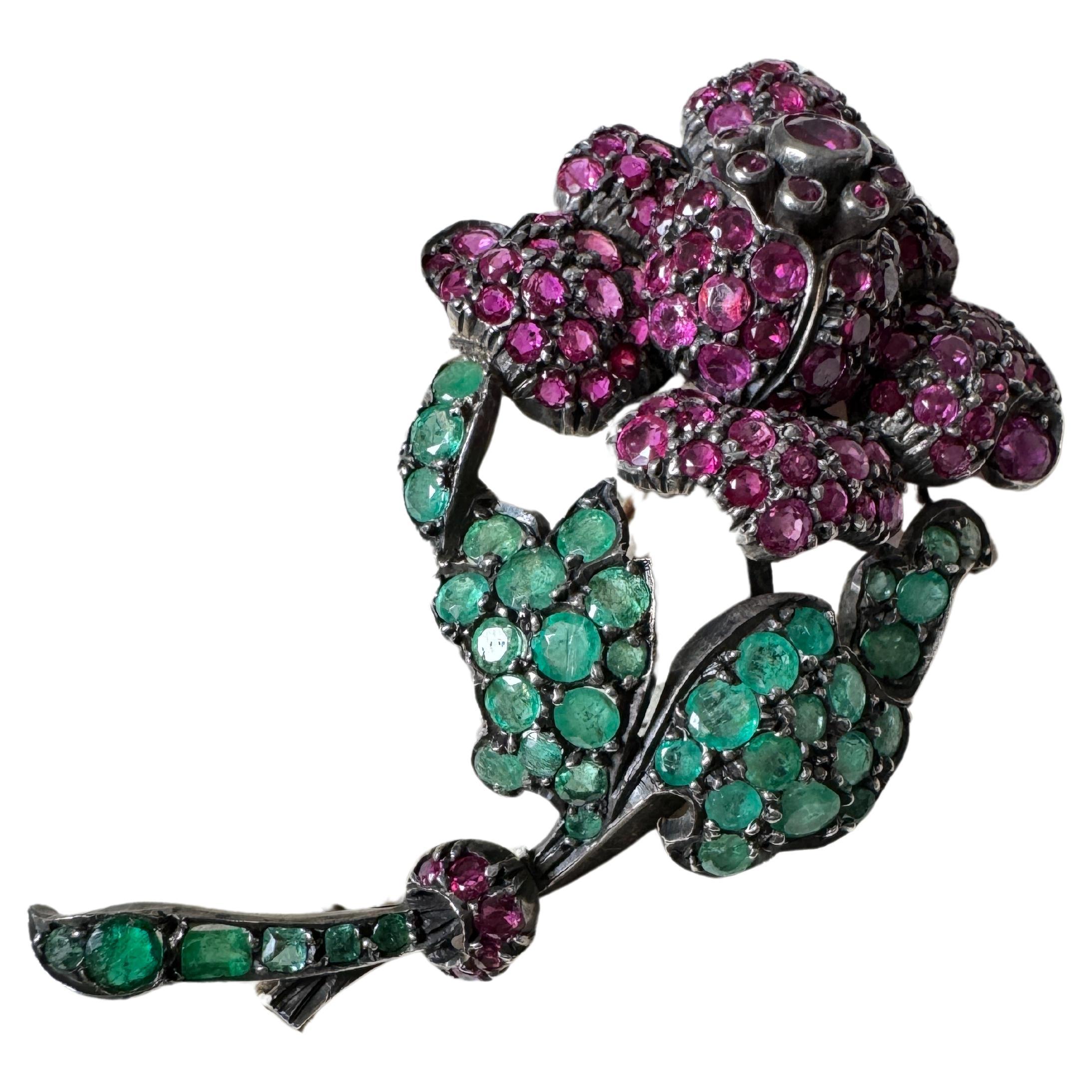 Antique Ruby and Emerald Rose Brooch For Sale