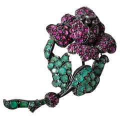 Antique Ruby and Emerald Rose Brooch
