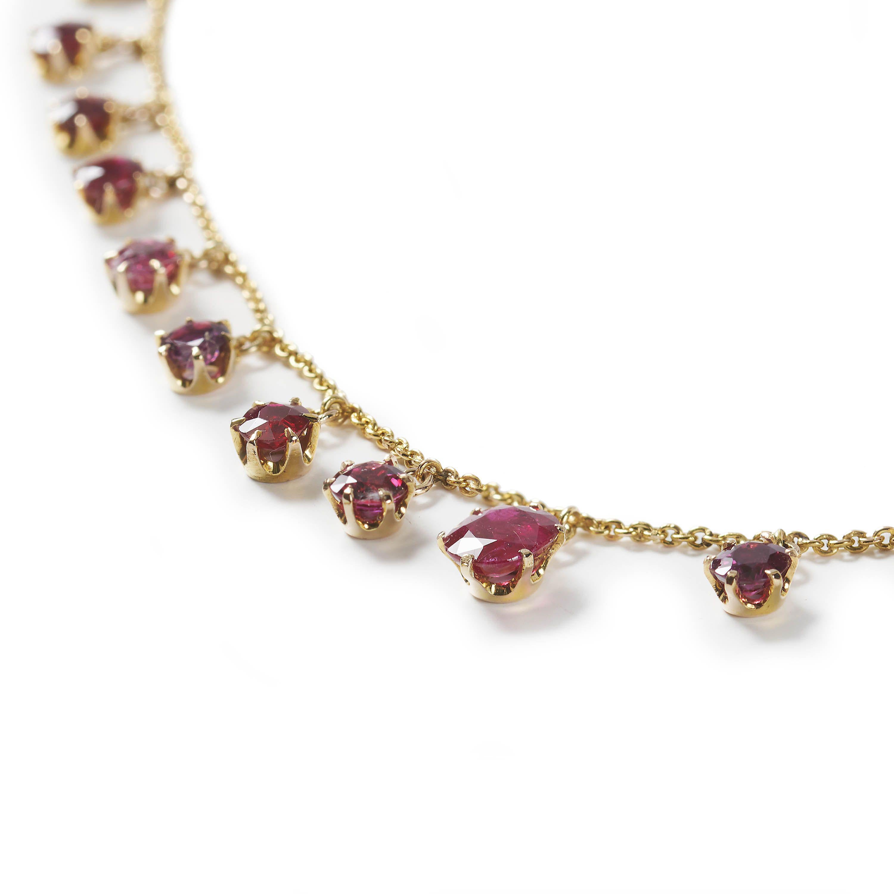 Antique Cushion Cut Antique Ruby And Gold Fringe Necklace, Circa 1920 For Sale