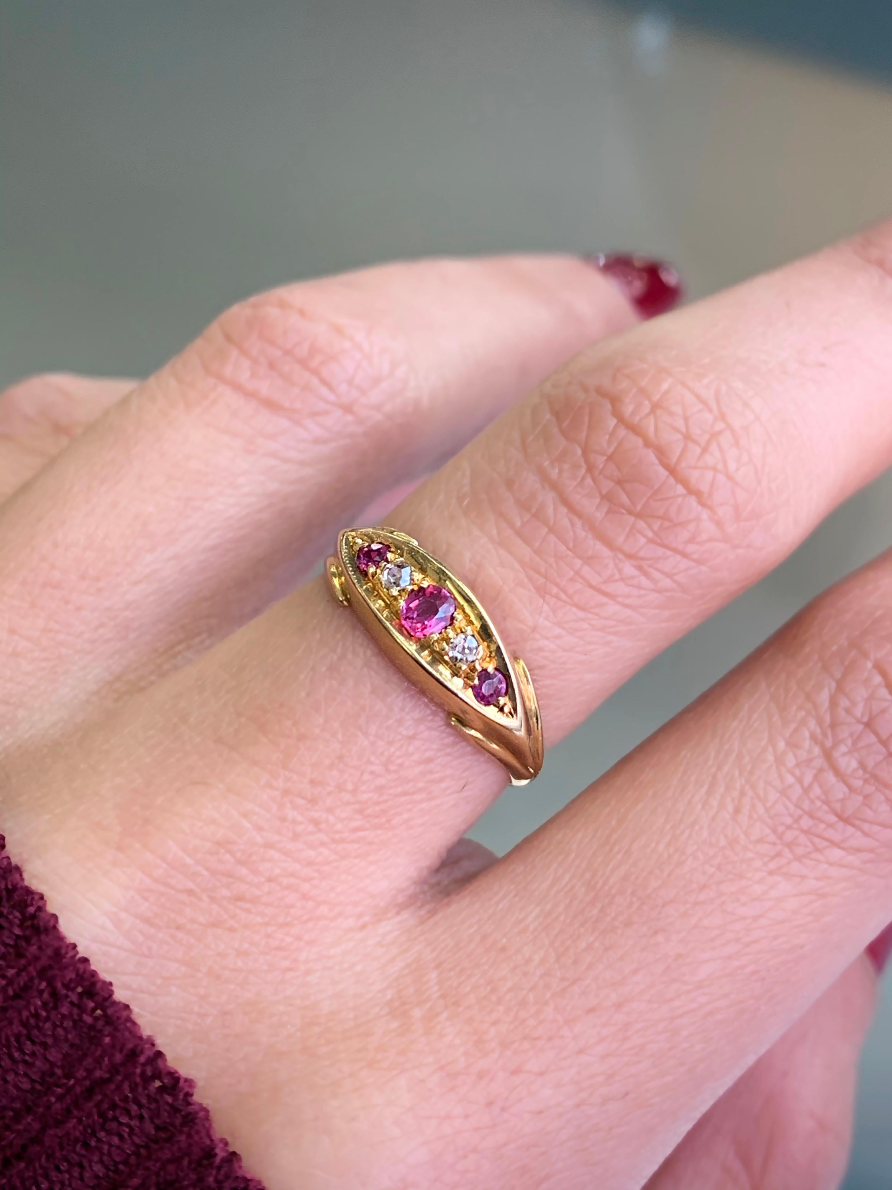 Edwardian Antique Ruby and Old Cut Diamond 18 Carat Yellow Gold Five-Stone Ring, 1911 For Sale