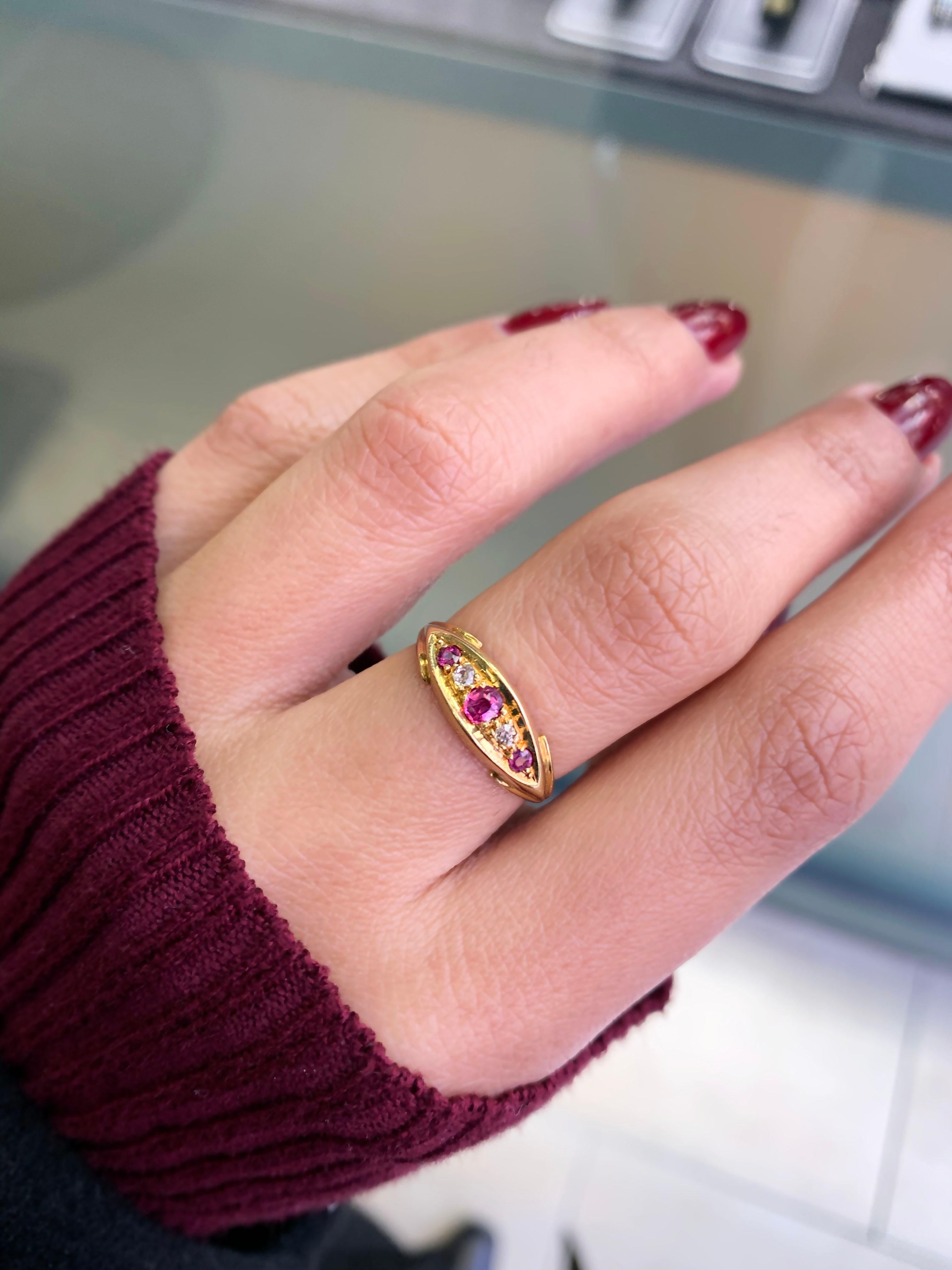 Antique Ruby and Old Cut Diamond 18 Carat Yellow Gold Five-Stone Ring, 1911 In Good Condition For Sale In London, GB