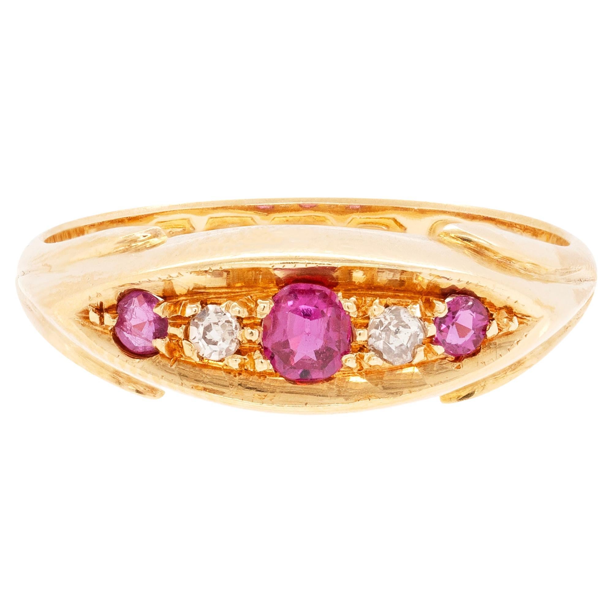 Antique Ruby and Old Cut Diamond 18 Carat Yellow Gold Five-Stone Ring, 1911