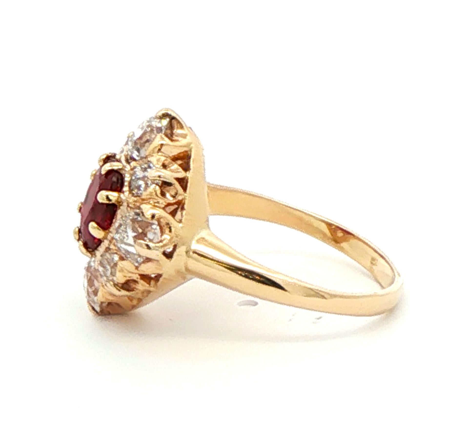 Oval Cut Antique Ruby and Old European Cut Diamond Ring For Sale