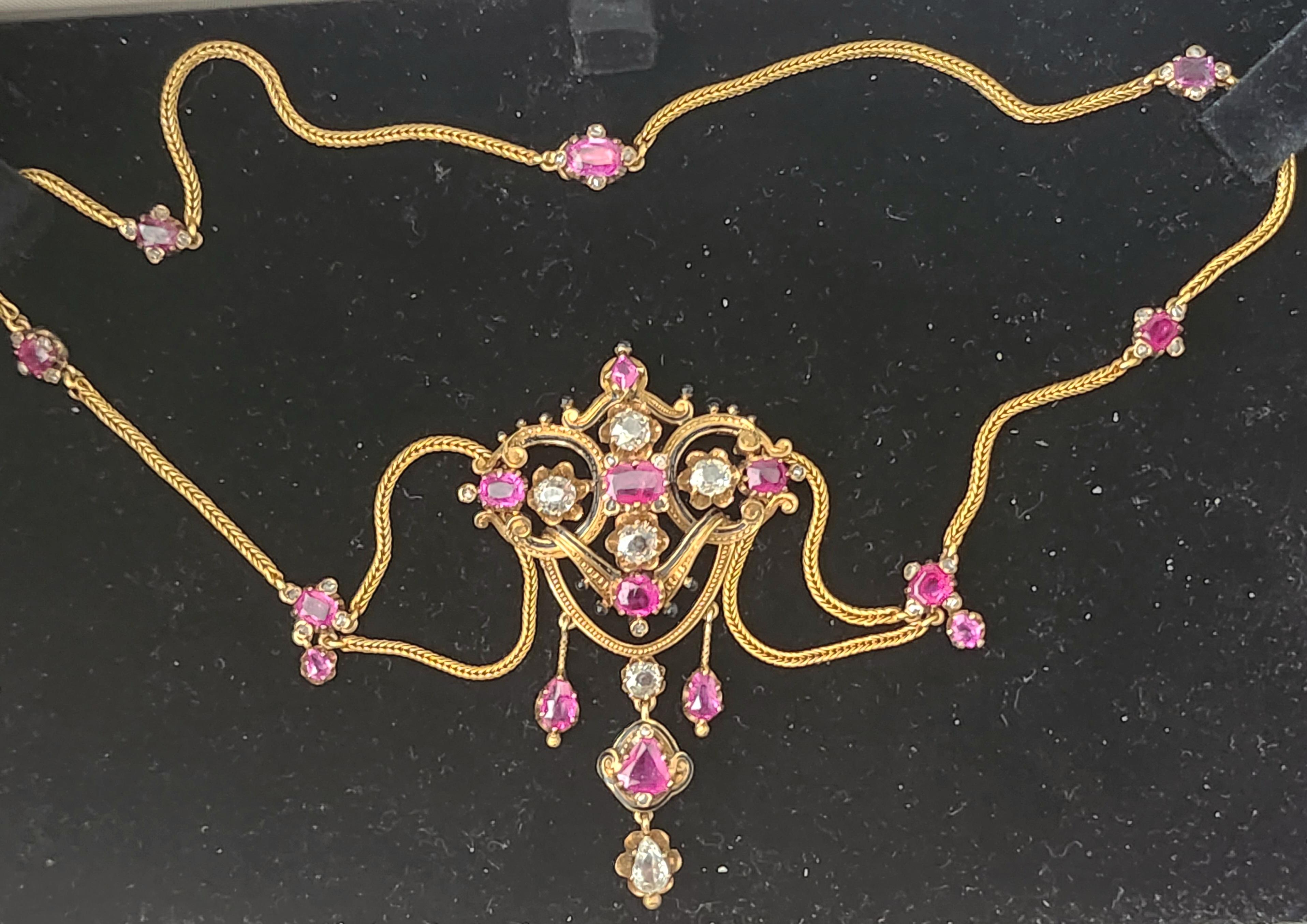 Art Nouveau Antique Ruby And Old Mine Cut Diamond Necklace For Sale