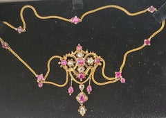 Antique Ruby And Old Mine Cut Diamond Necklace
