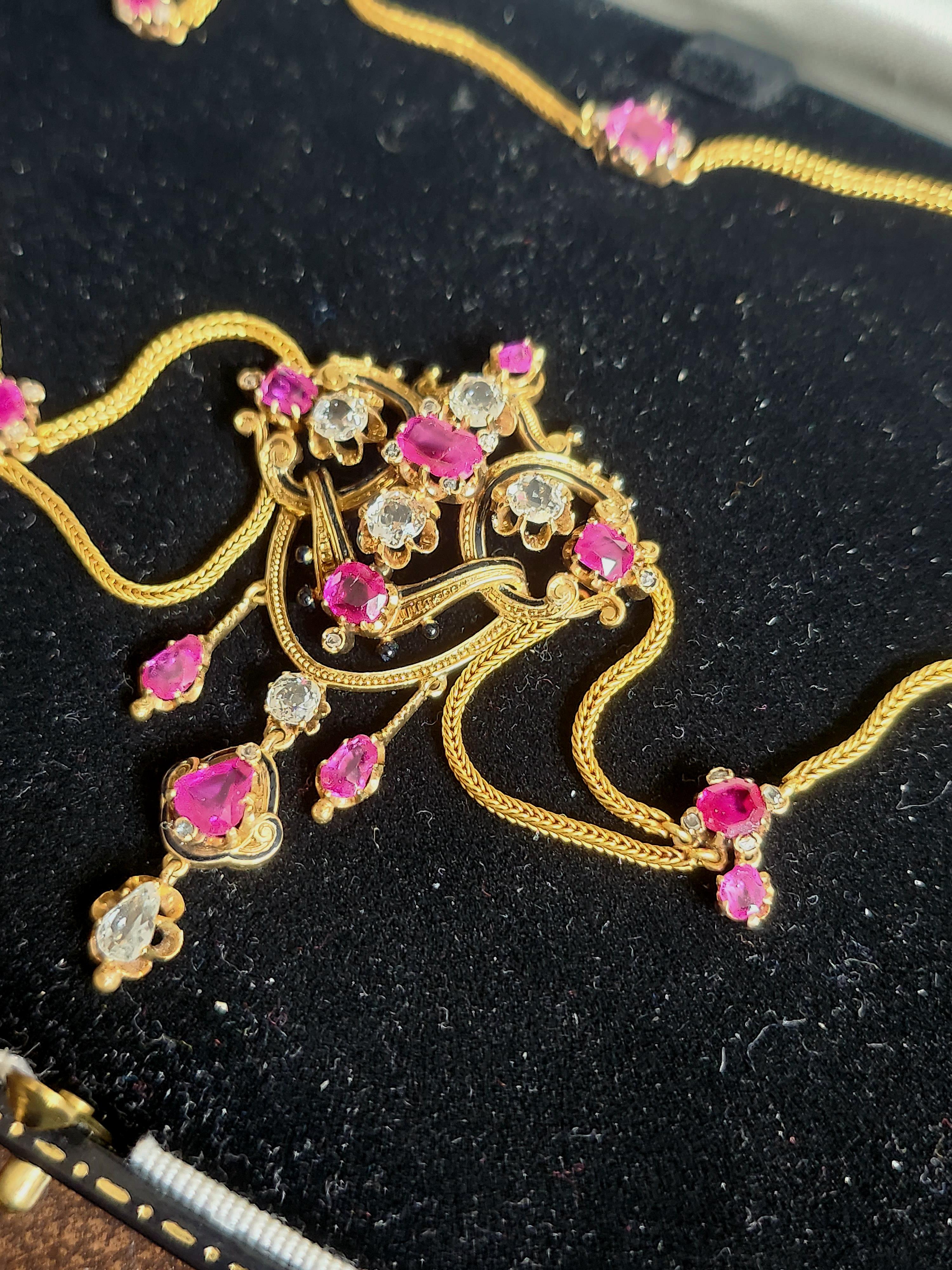 Antique Ruby And Old Mine Cut Diamond Necklace For Sale 1