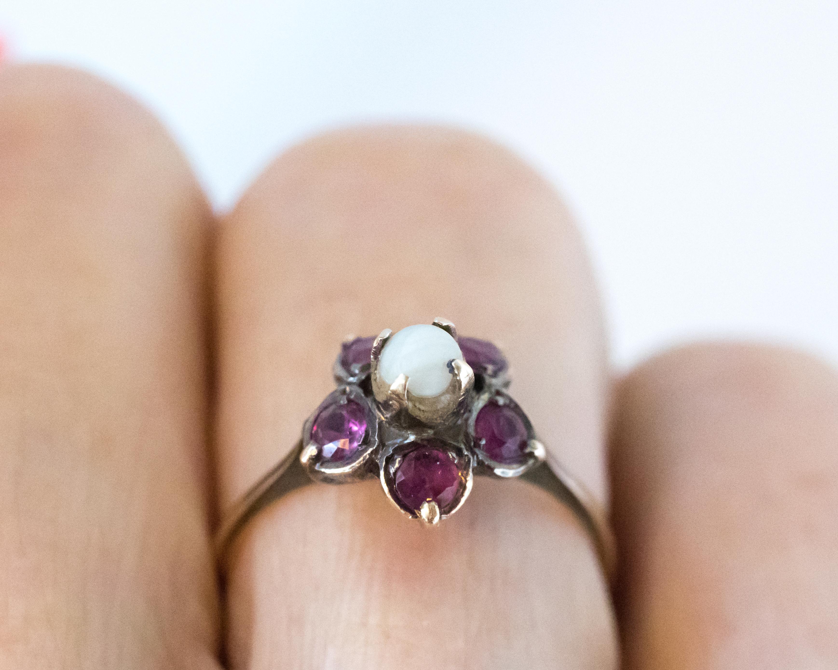 Antique Ruby and Pearl 18 Karat Yellow Gold Floral Ring For Sale 4