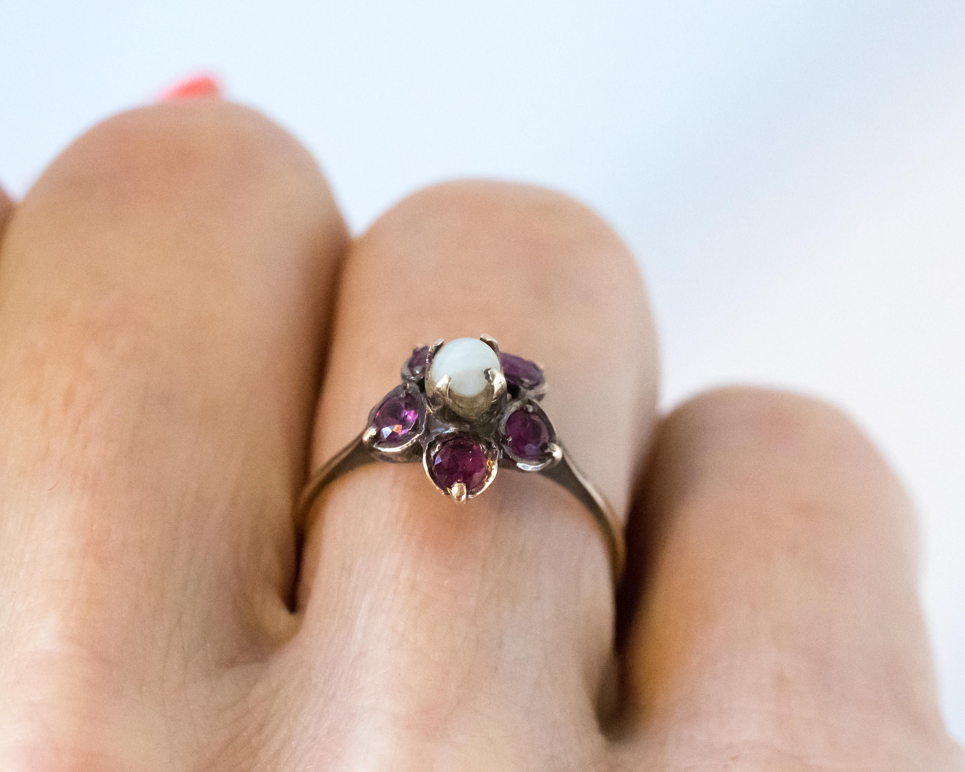 Antique Ruby and Pearl 18 Karat Yellow Gold Floral Ring For Sale 5