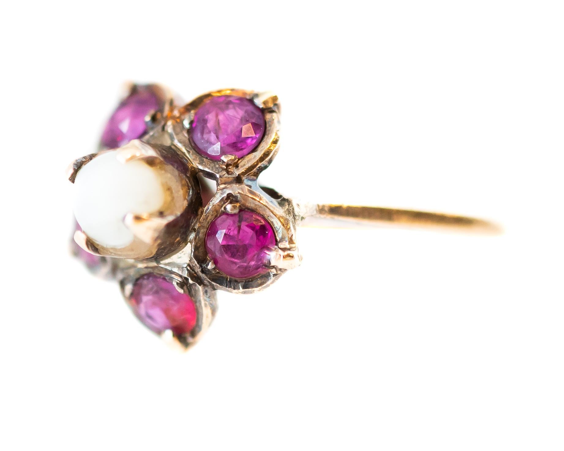 Round Cut Antique Ruby and Pearl 18 Karat Yellow Gold Floral Ring For Sale