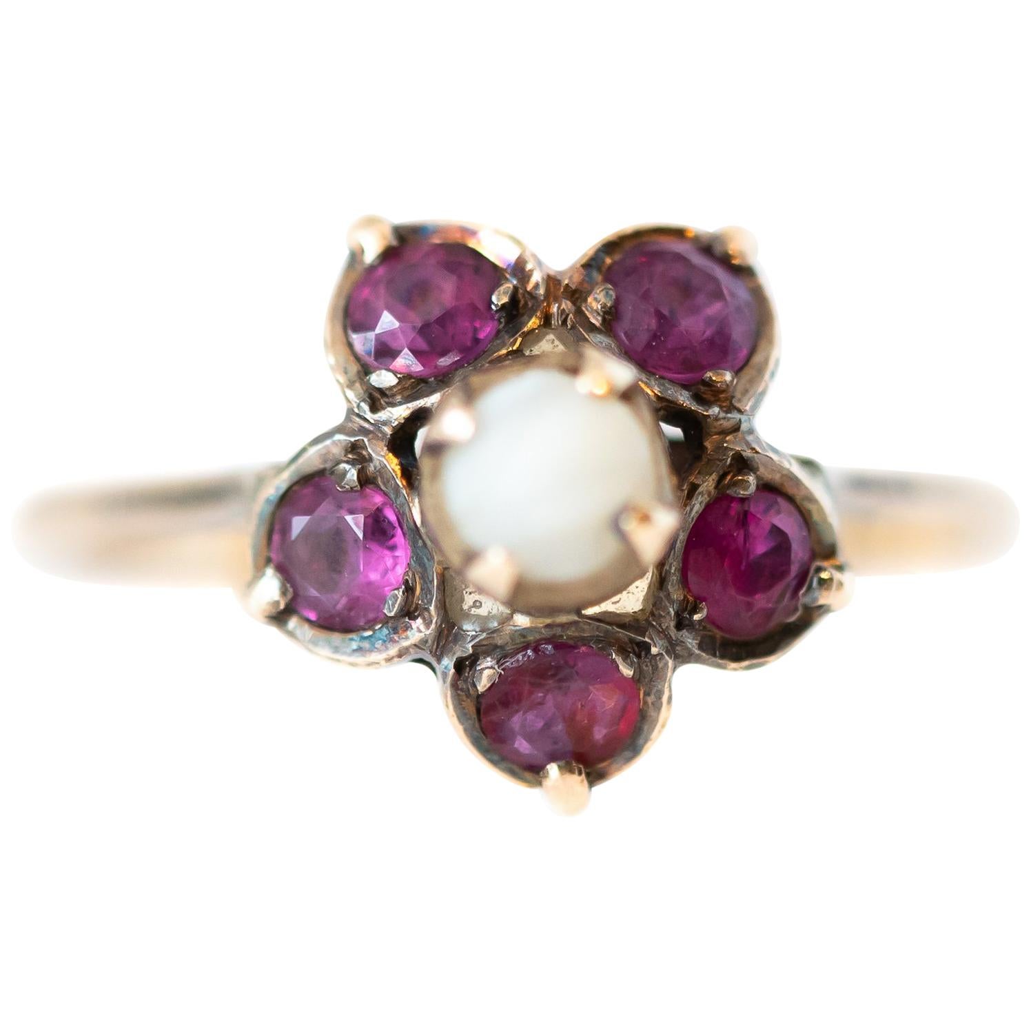 Antique Ruby and Pearl 18 Karat Yellow Gold Floral Ring For Sale