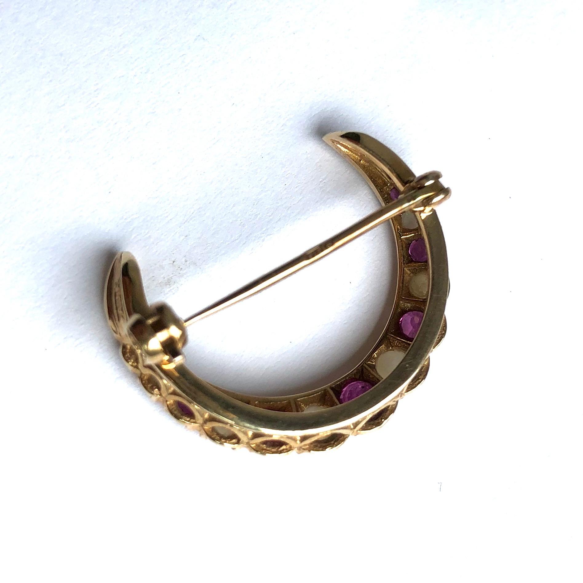 Edwardian Antique Ruby and Pearl 9 Carat Gold Crescent Brooch