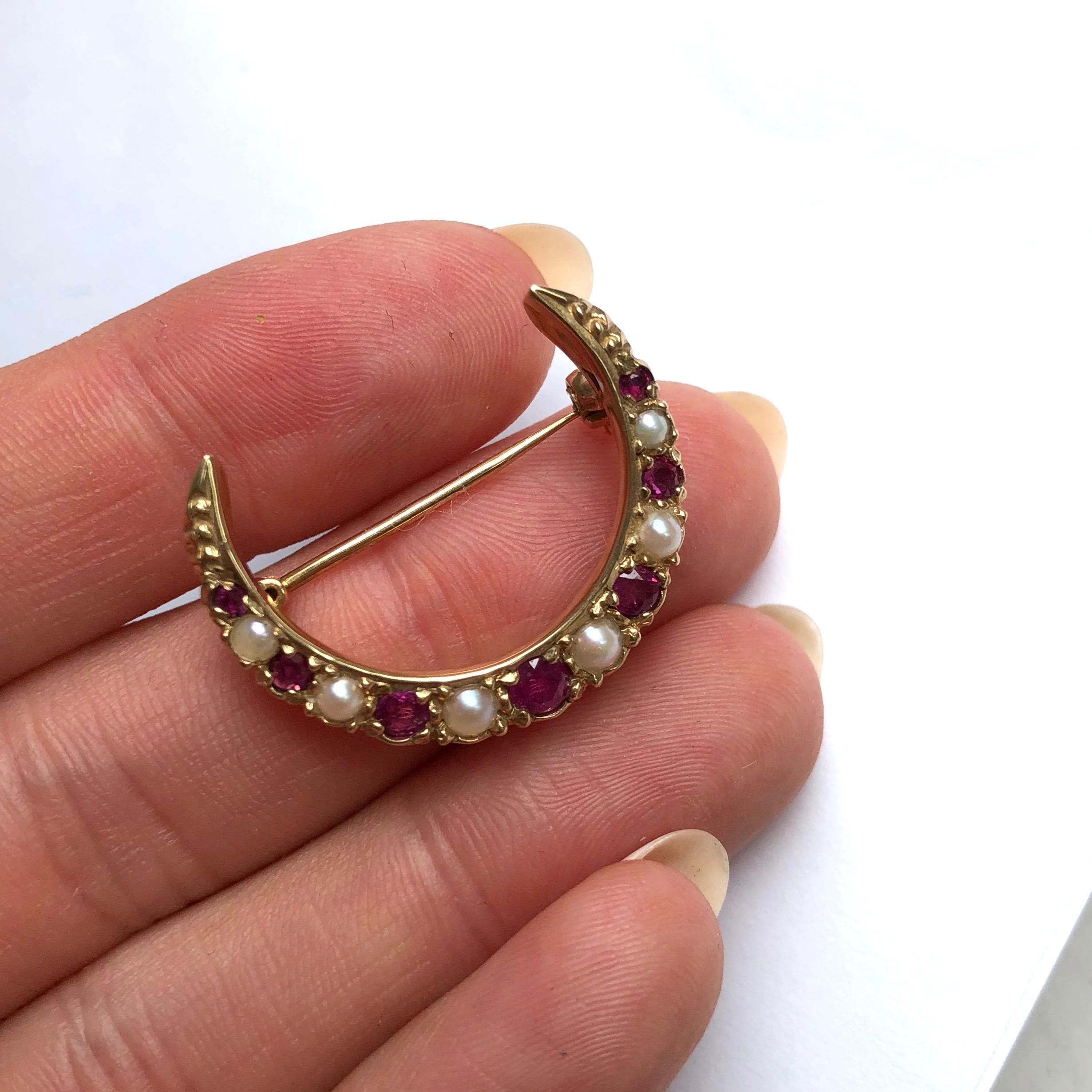 Round Cut Antique Ruby and Pearl 9 Carat Gold Crescent Brooch