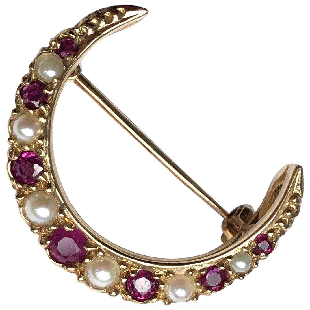 Antique Ruby and Pearl 9 Carat Gold Crescent Brooch