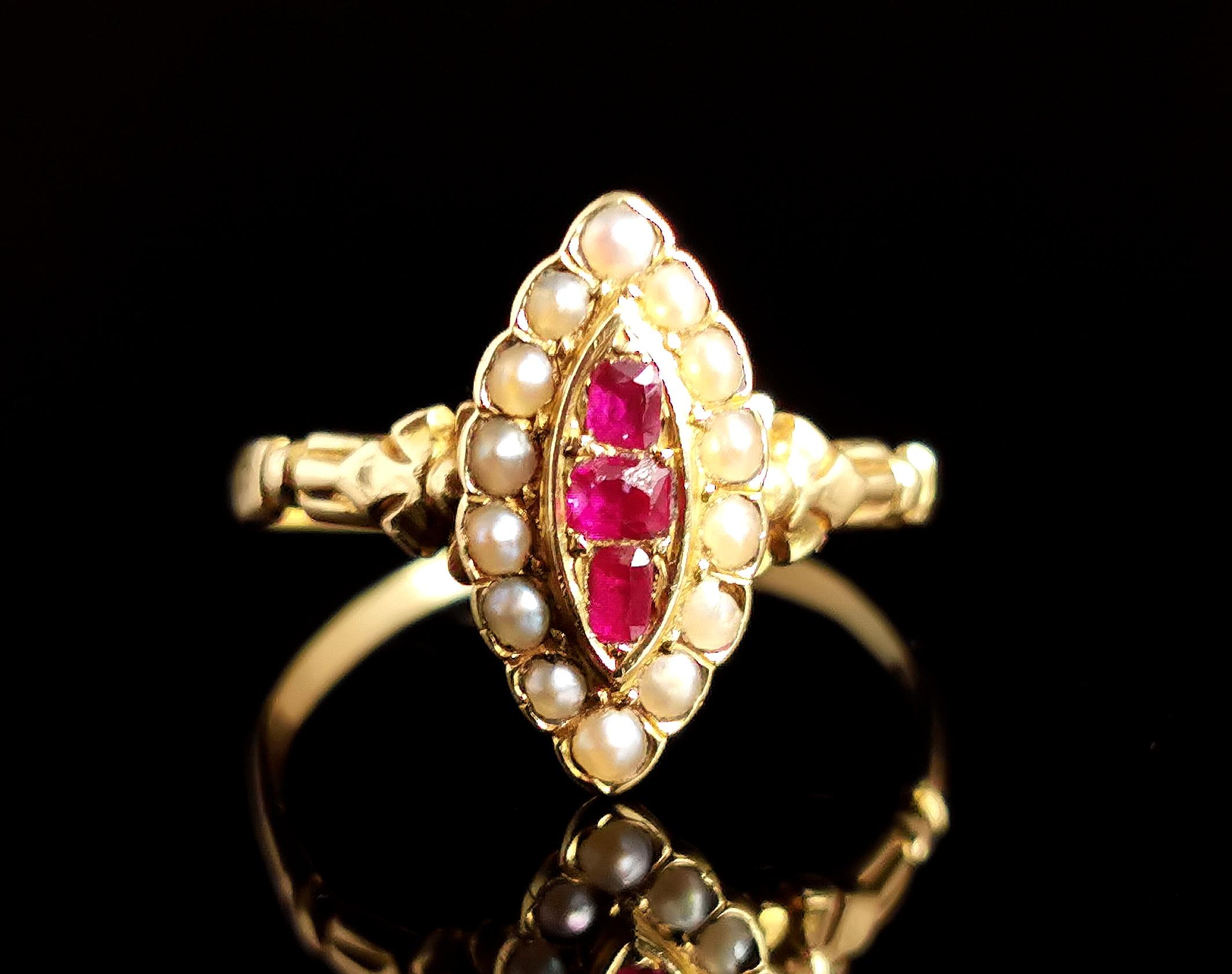 Antique Ruby and Pearl Navette Ring, 18k Yellow Gold 1