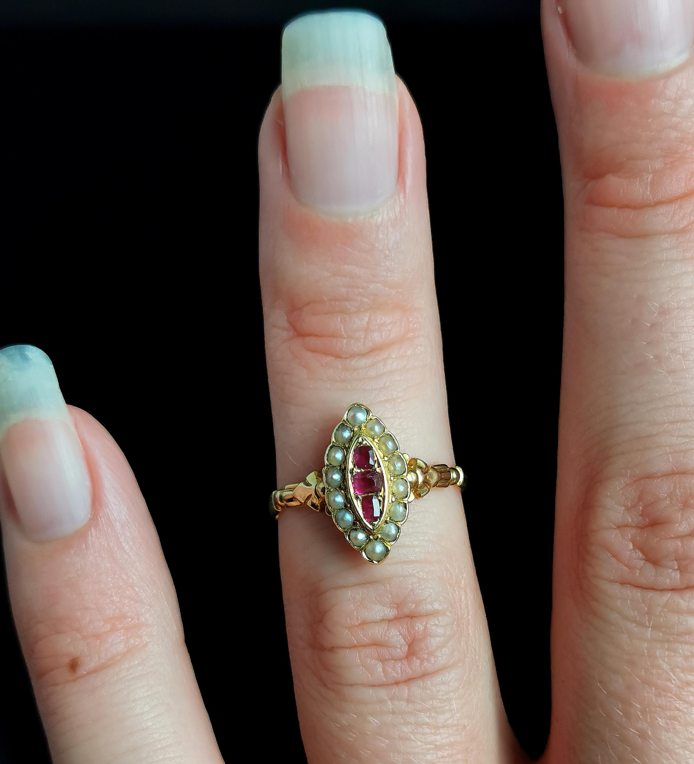 Antique Ruby and Pearl Navette Ring, 18k Yellow Gold 2