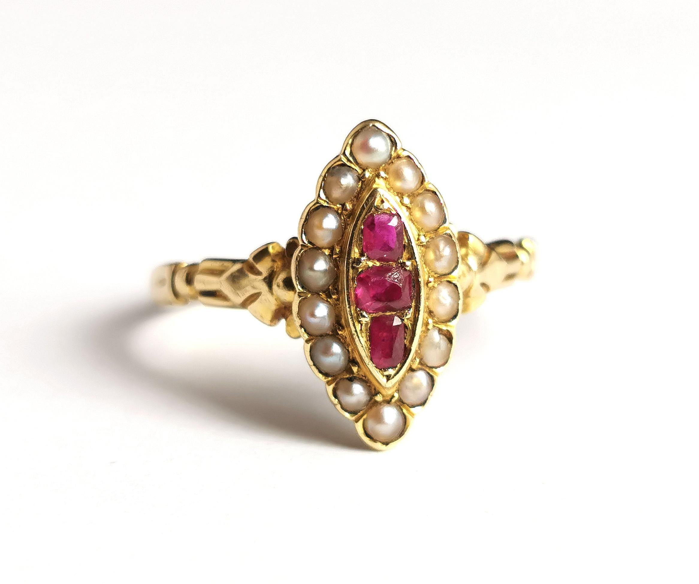Antique Ruby and Pearl Navette Ring, 18k Yellow Gold 3