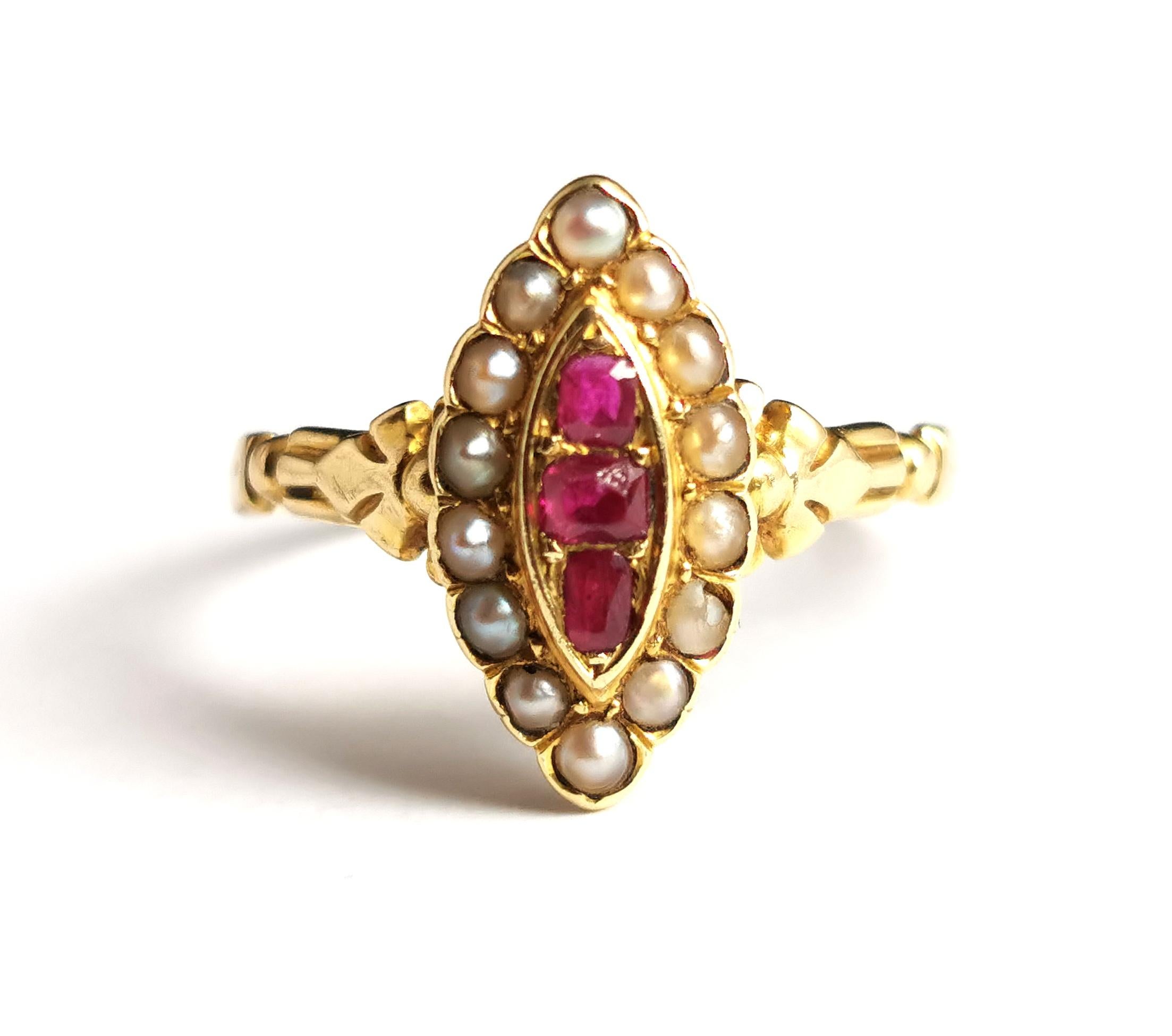 Antique Ruby and Pearl Navette Ring, 18k Yellow Gold 5