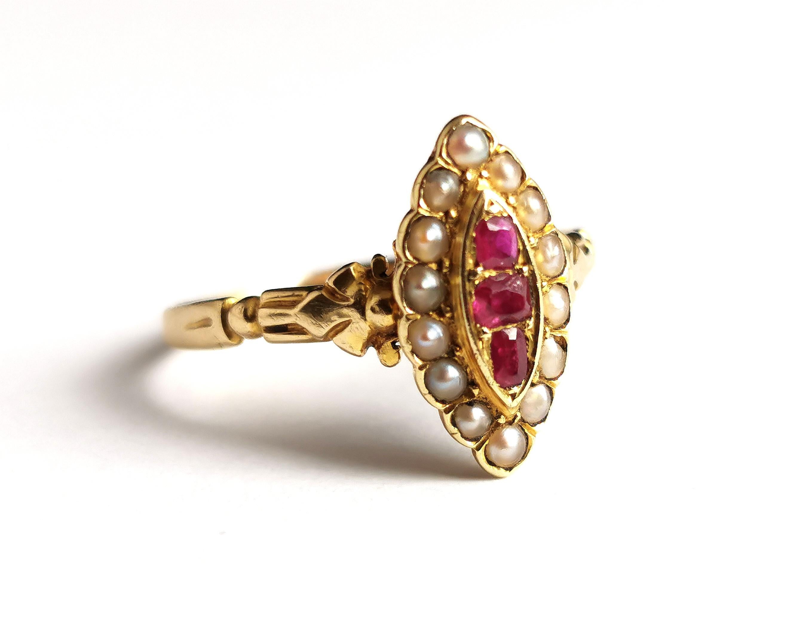 Antique Ruby and Pearl Navette Ring, 18k Yellow Gold 6