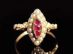 Antique Ruby and Pearl Navette Ring, 18k Yellow Gold