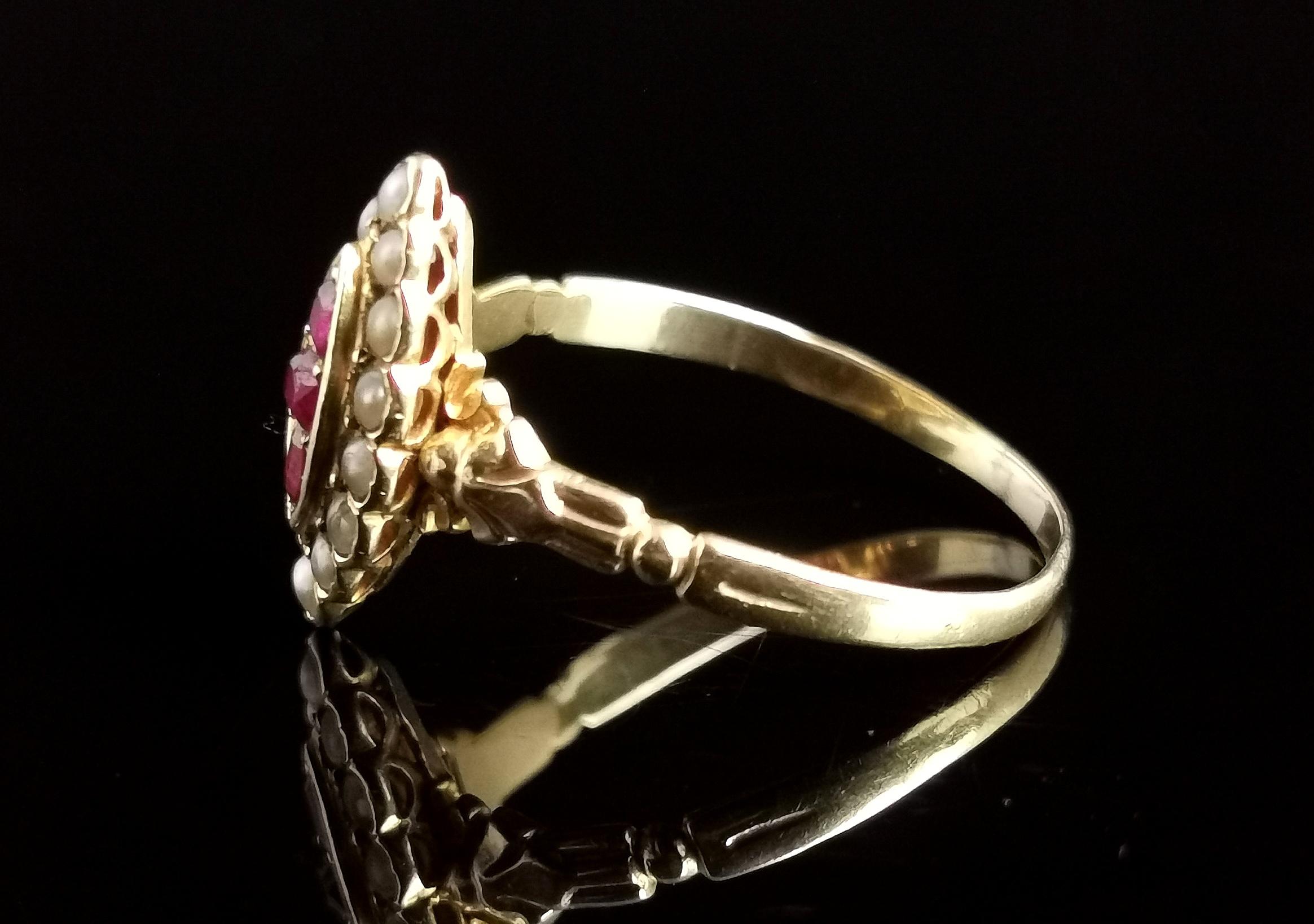 Antique Cushion Cut Antique Ruby and Pearl Navette Ring, 18k Yellow Gold