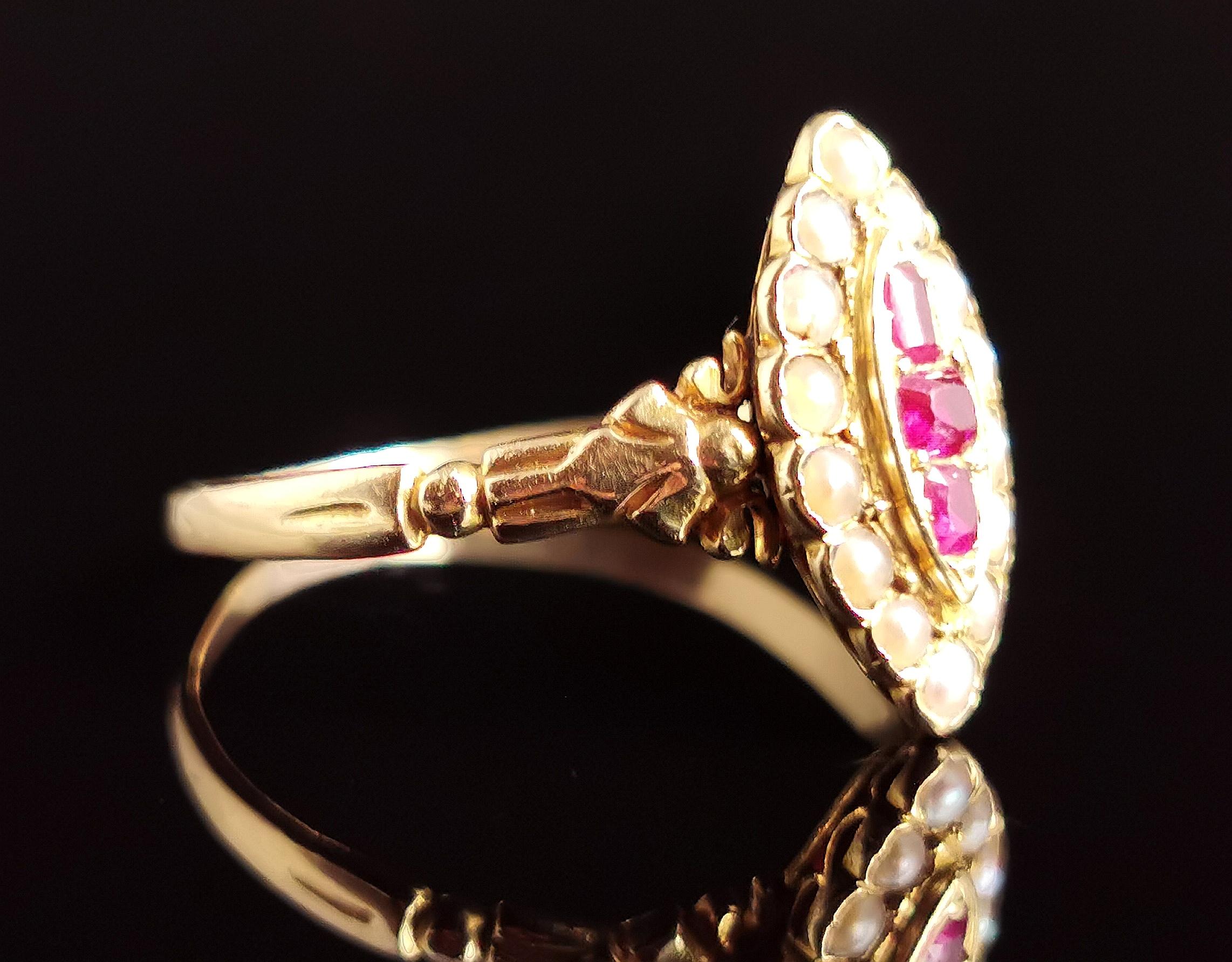 Antique Ruby and Pearl Navette Ring, 18k Yellow Gold In Fair Condition In NEWARK, GB