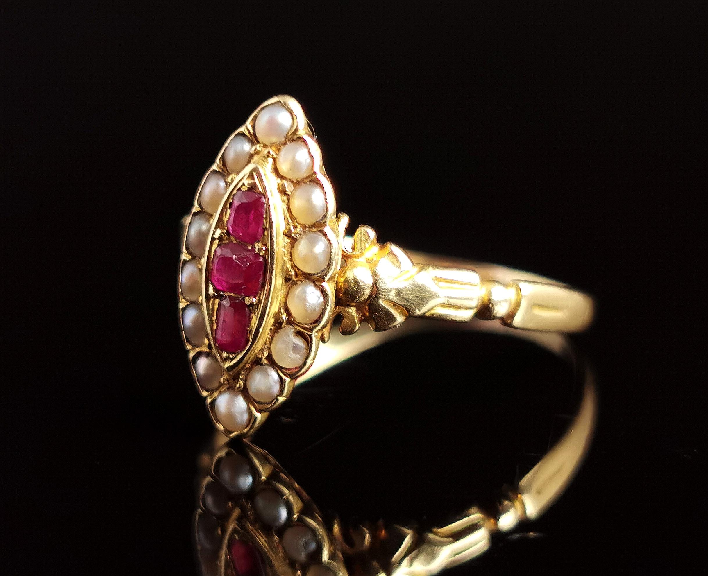 Women's Antique Ruby and Pearl Navette Ring, 18k Yellow Gold
