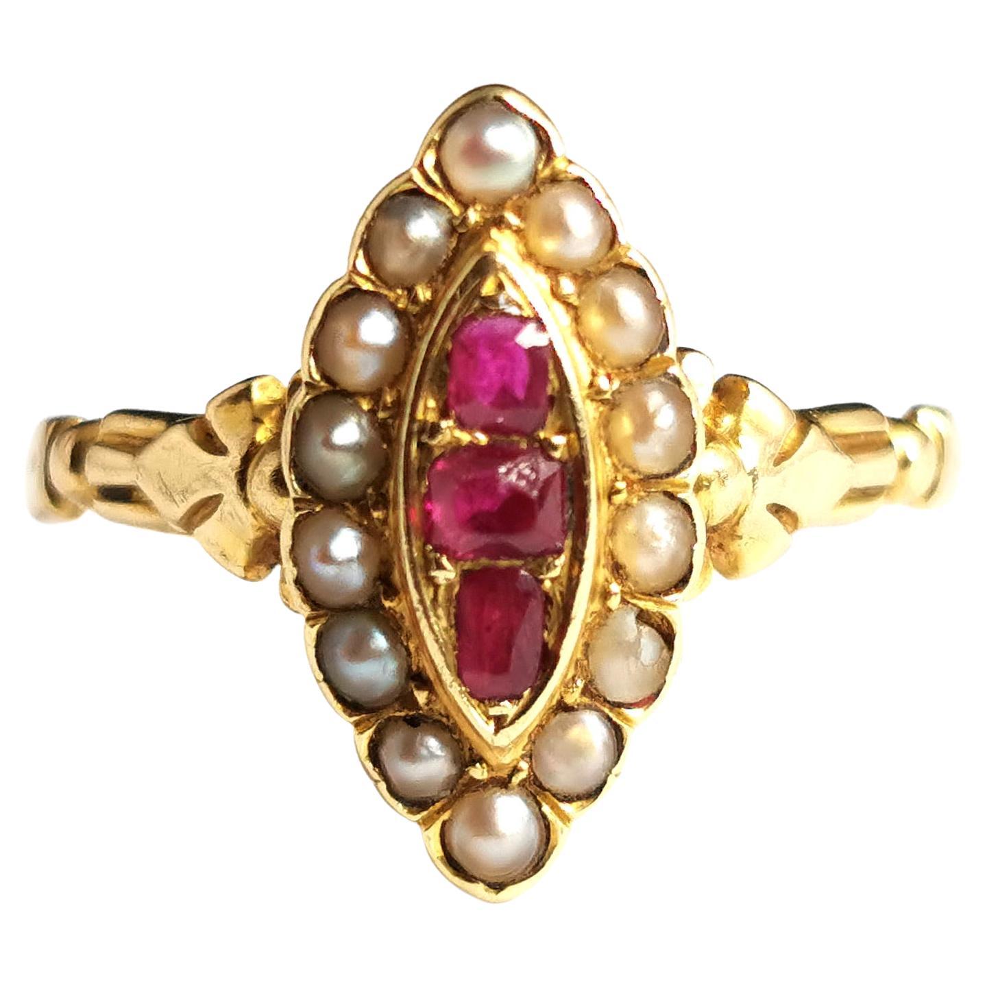 Antique Ruby and Pearl Navette Ring, 18k Yellow Gold