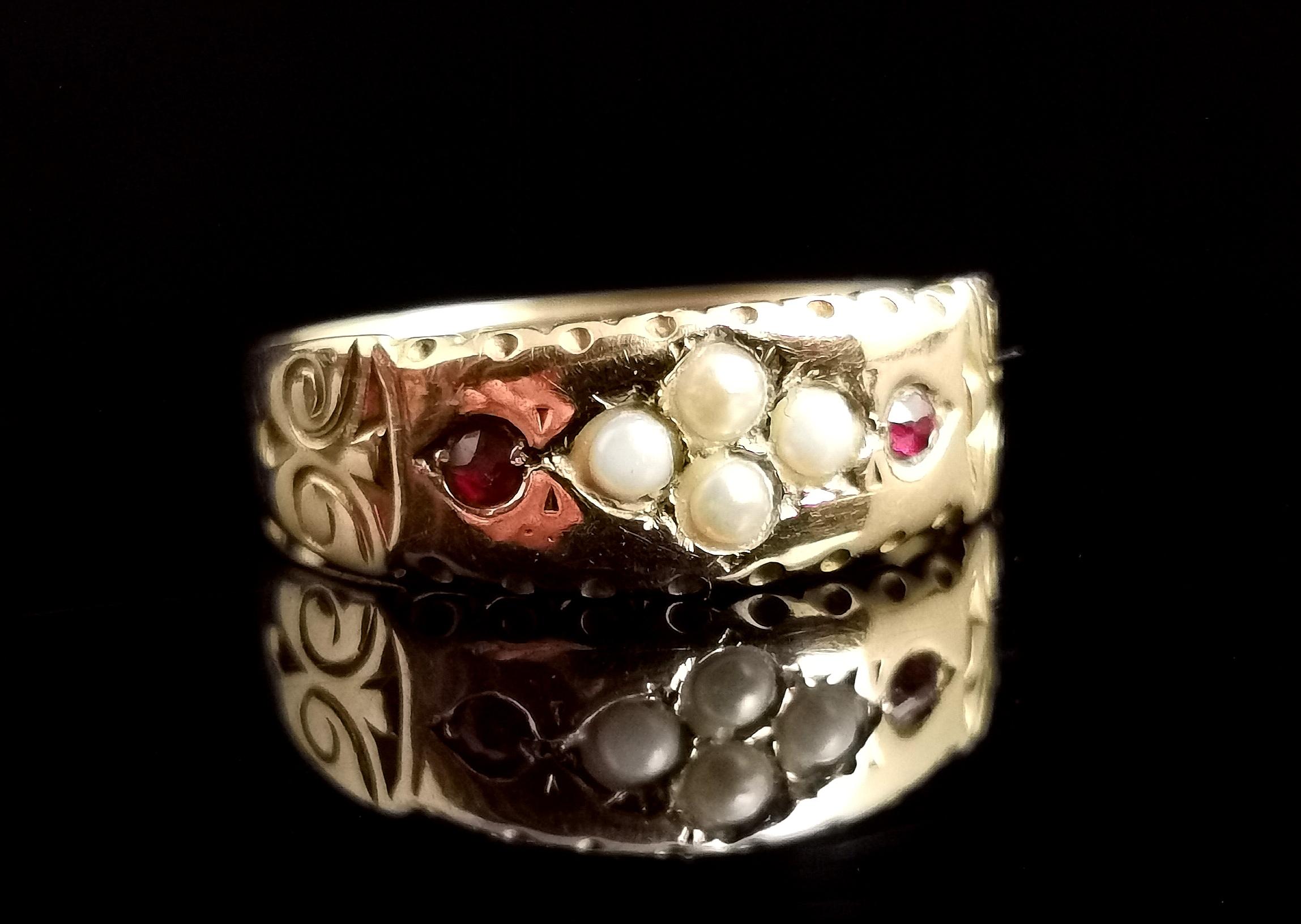 Rose Cut Antique Ruby and pearl ring, 15k yellow gold, Victorian 