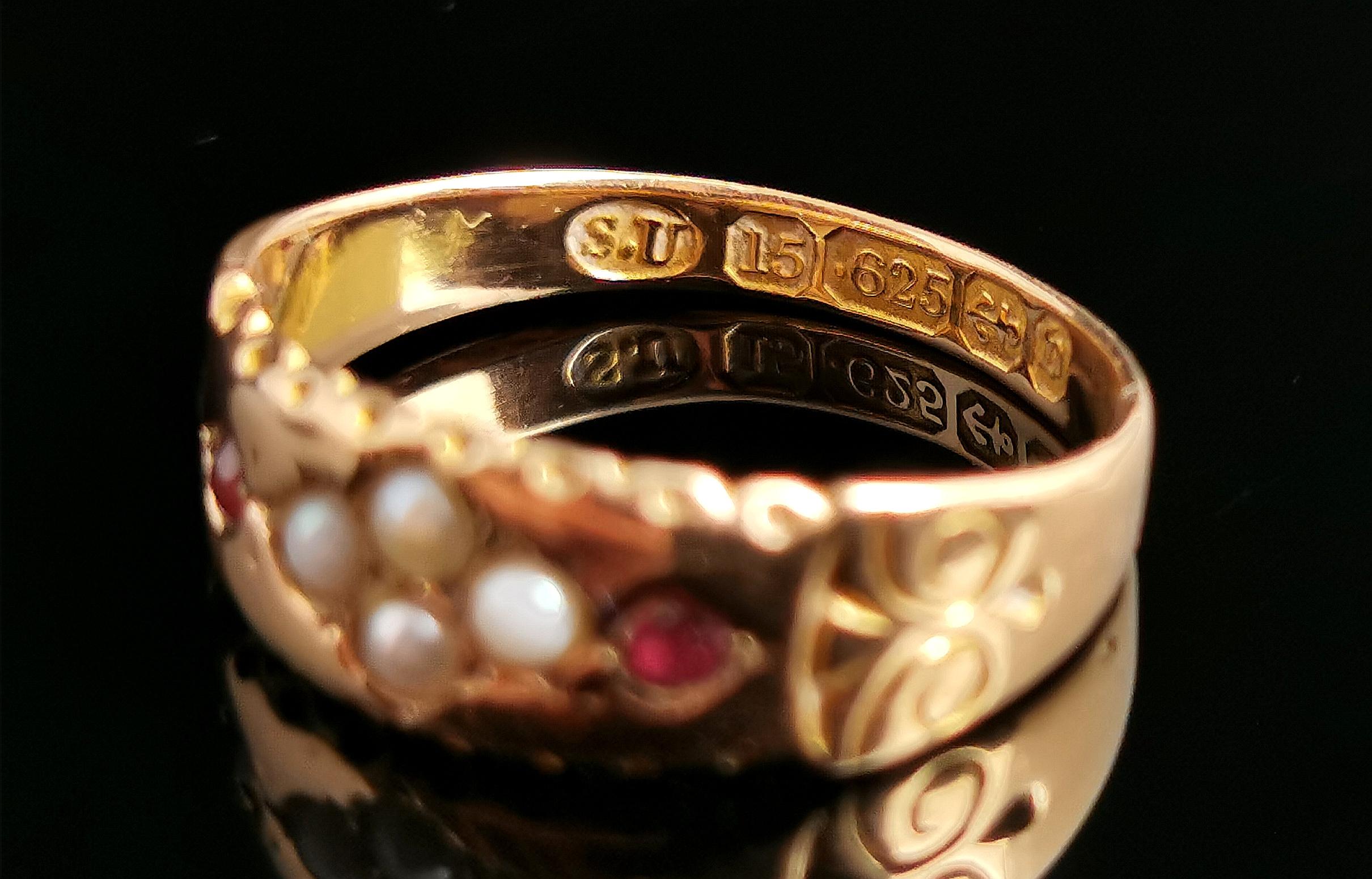 Antique Ruby and pearl ring, 15k yellow gold, Victorian  2