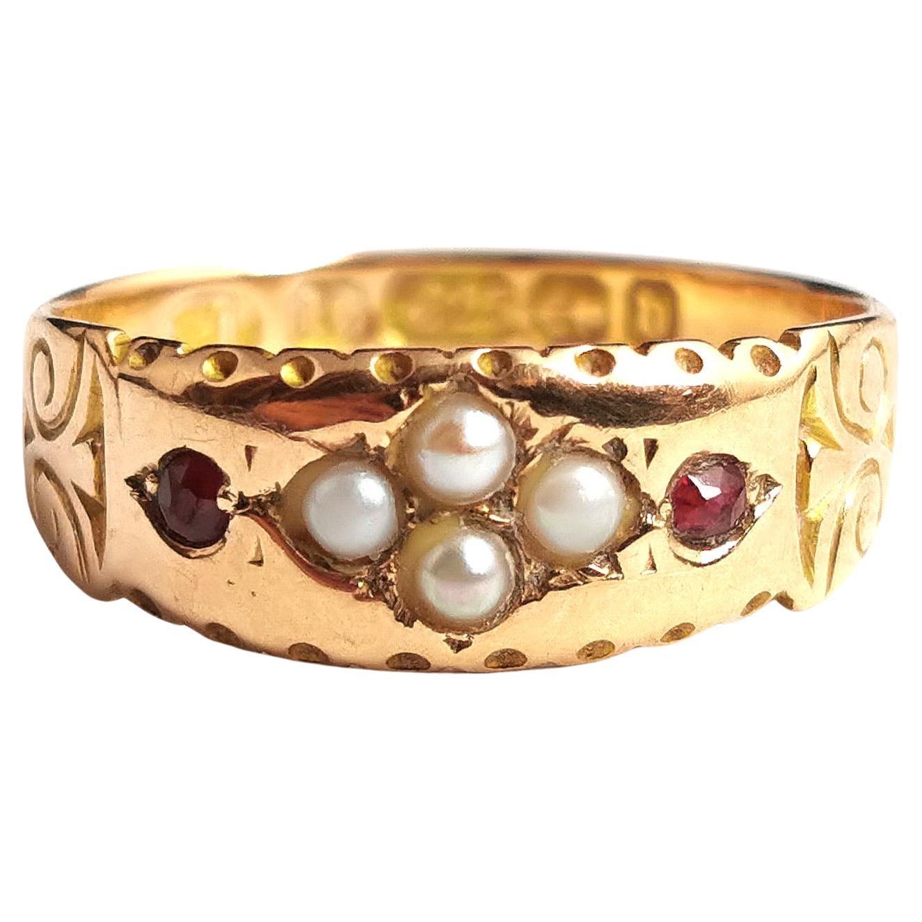 Antique Ruby and pearl ring, 15k yellow gold, Victorian 